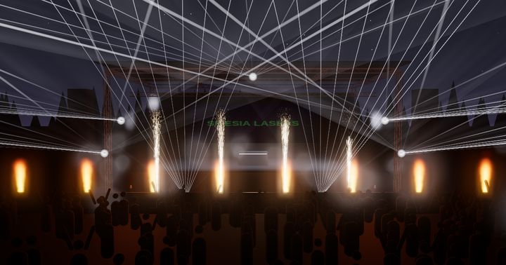 Wizualizacja 3D pokazu: lasery, zimne iskry i płomienie na scenie plenerowej